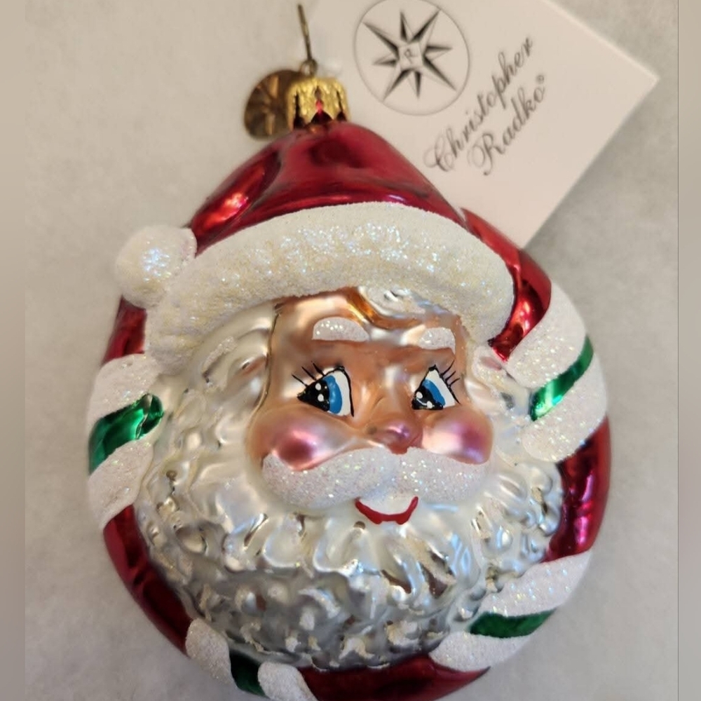 Christopher Radko Jolly Santa & Reindeer Ornament PEPPERMINT POP Glass Ornament